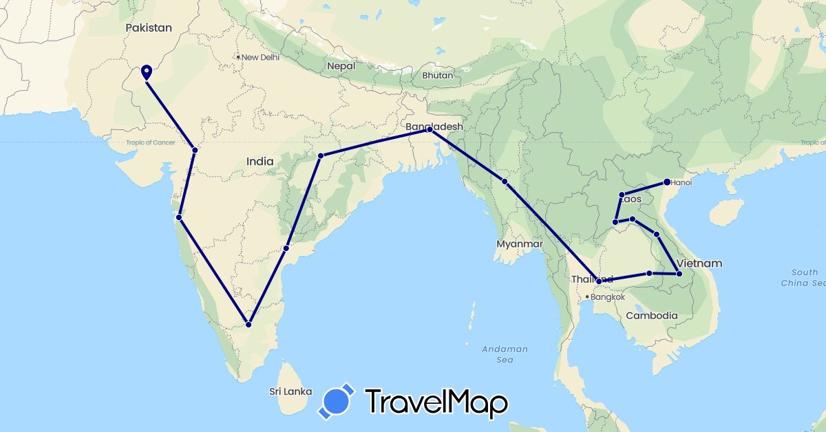 TravelMap itinerary: driving in India, Myanmar (Burma), Vietnam (Asia)